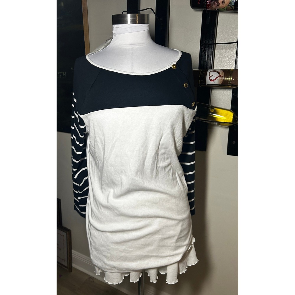Lauren Ralph Lauren Striped Ruffle Hem Top Black White Gold Button XL NWT